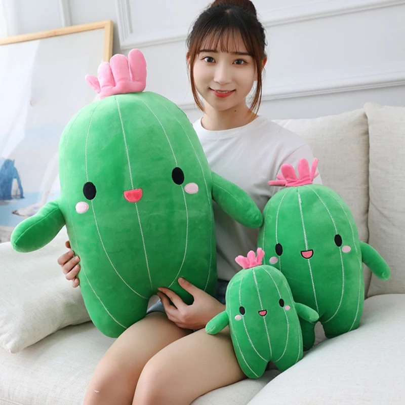 Cuddly Cactus Stuffed Plant Animal With Smile Face And Pink Antenna Soft Cacti Plush Toy Pillow