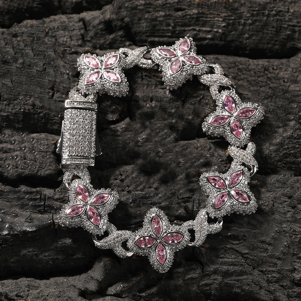 THE BLING KING Iced Out Floral Colored Bracelet For Women 19MM Width Pink Zirconia Clover Infinity Link Chain Lovely Jewelry