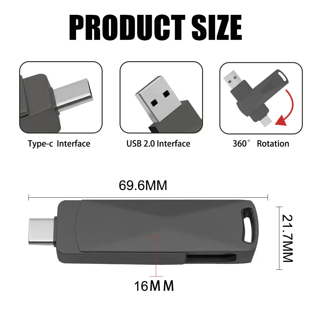 محرك أقراص USB معدني مقاوم للماء ، محرك أقراص قلم ، عصا ذاكرة ، نوع-C ، GB ، OTG ، دوران ° ، 2 في 1 ، 64 جيجابايت