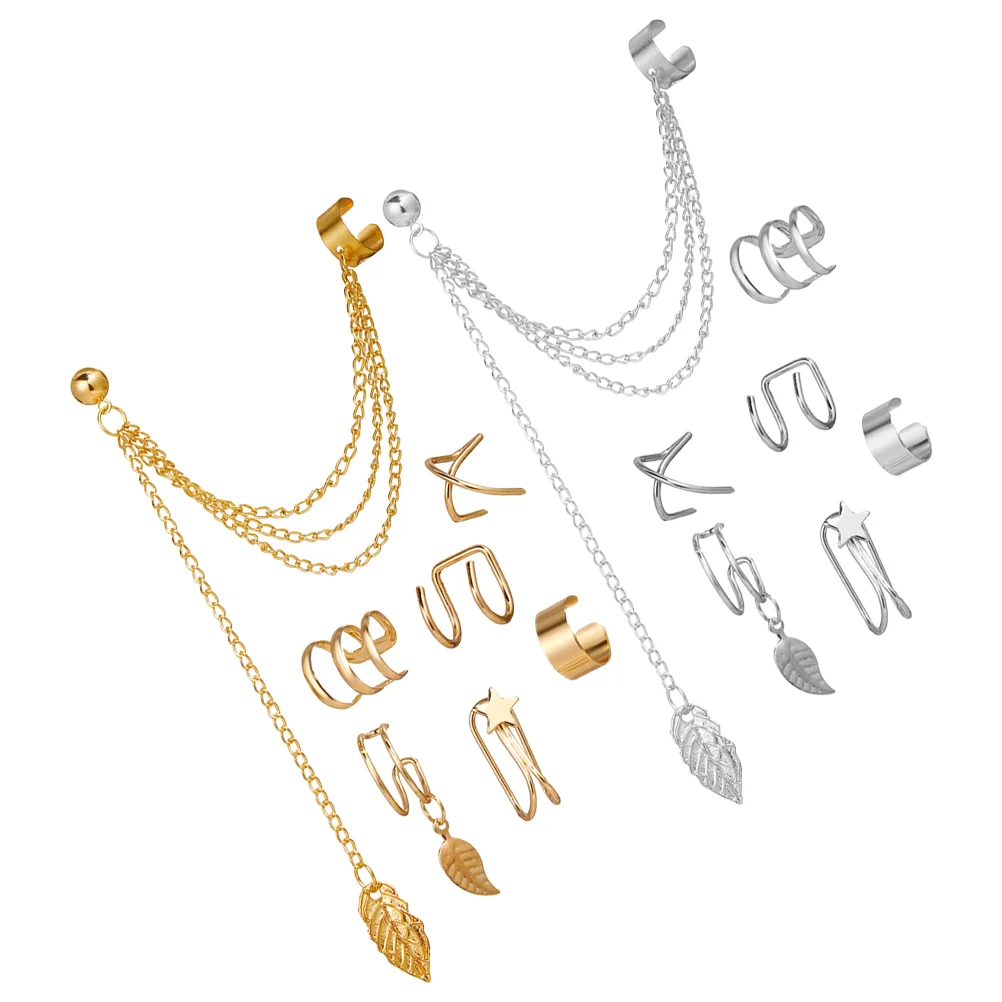 14 Pcs Women Earrings Tassel Metal Leaves Clip Set Girls Cuff Delicate Bone Miss