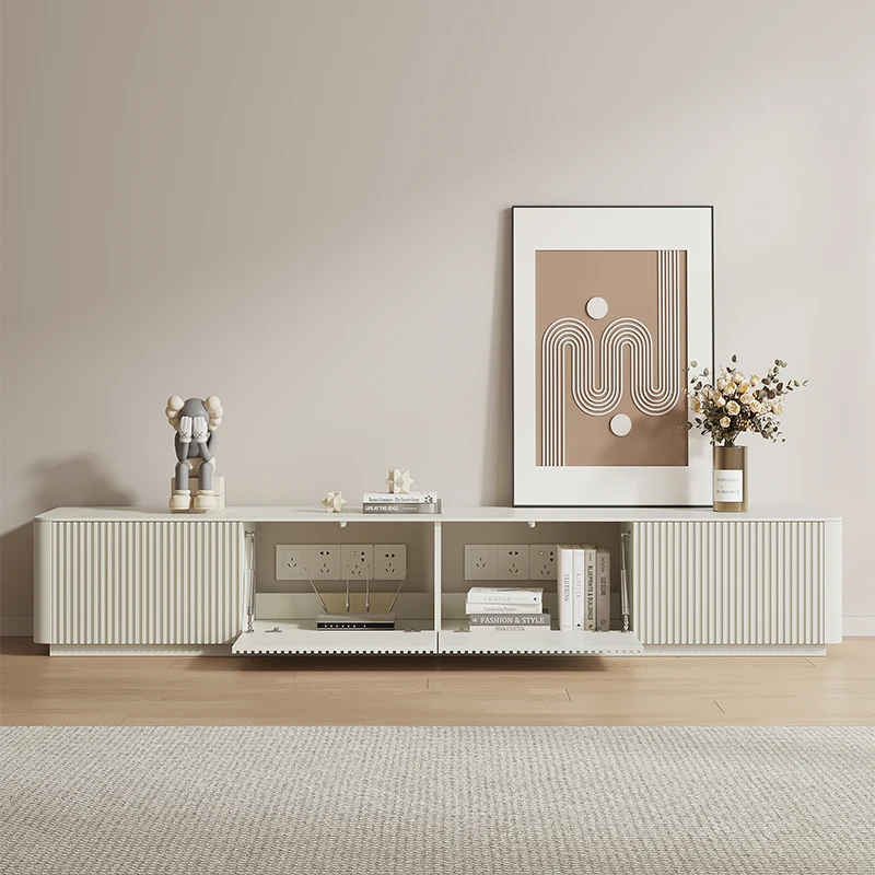 #Cream wind grille rock panel TV cabinet, simple modern living room small apartment 35cm wide solid wood milk white TV cabinet