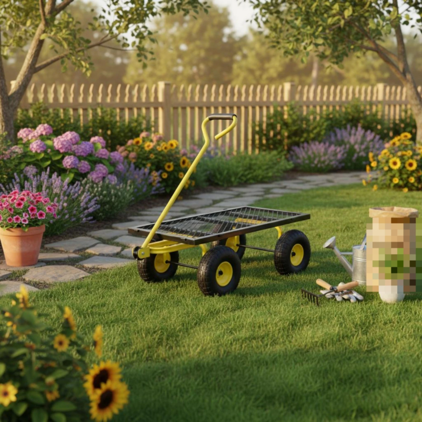 Foldable Garden Trolley Steel Frame Mesh Garden Wagon Collapsible Wagon Trolley Padded Grip Outdoor Hauler Heavy Duty