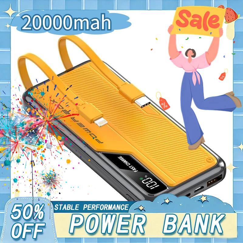 

Внешний аккумулятор большой емкости 20000 мАч, портативный, с кабелем USB-C, быстрая зарядка, для iPhone, Xiaomi, Samsung