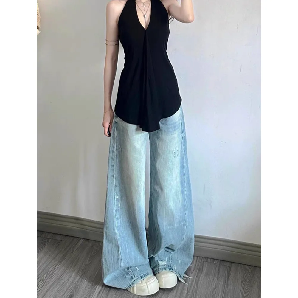 

Женские широкие синие джинсы с камнями, летние брюки с высокой талией для девочек, тонкие брюки, женские мешковатые джинсовые брюки с принтом