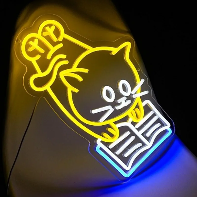 Cat Reading Book Neon Sign for Wall Decor Cute Cat Led Signs for Library Neon Lights for Classroom Reading Cafe