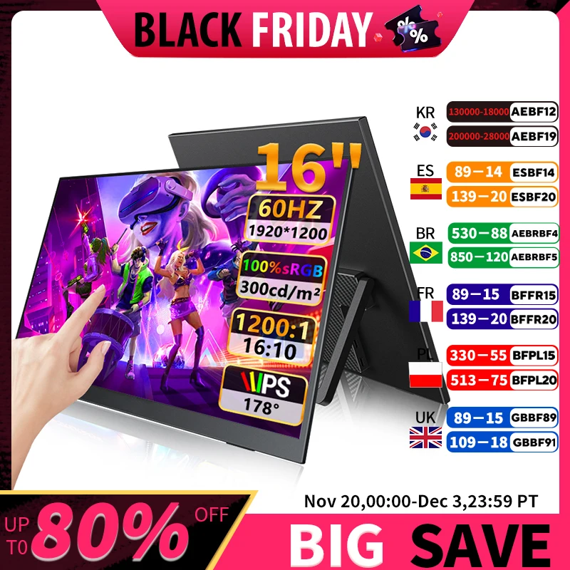 

16-дюймовый портативный сенсорный монитор FHD, внешний дисплей, IPS 1200P, экран USB C mini-HDMI для ноутбука, Mac, ПК, Xbox PS, коммутатор с отверстием VESA