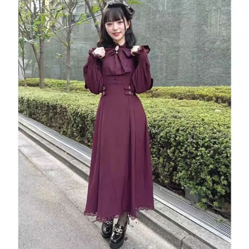 

Coalfell Japanese Gothic Lolita Lace Dress Women Sweet Vintage Bow Solid Color Long-sleeved Slim Long Dresses