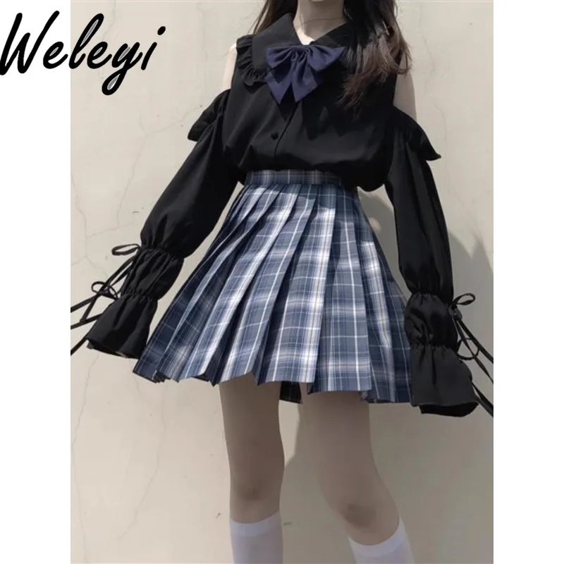 Jirai Kei Lolita Cute Skirt Suit Japanese Women's Spring and Summer Versatile Doll Collar Long Sleeve Off Shoulder Two Piece Set