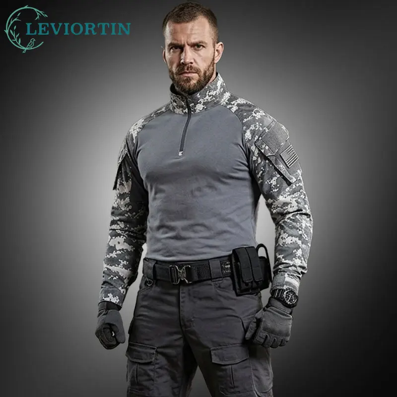 Men's Tactical Long Sleeve Half Zip T-Shirt Lightweight Camo Quick Dry Outdoor Hiking Climbing
