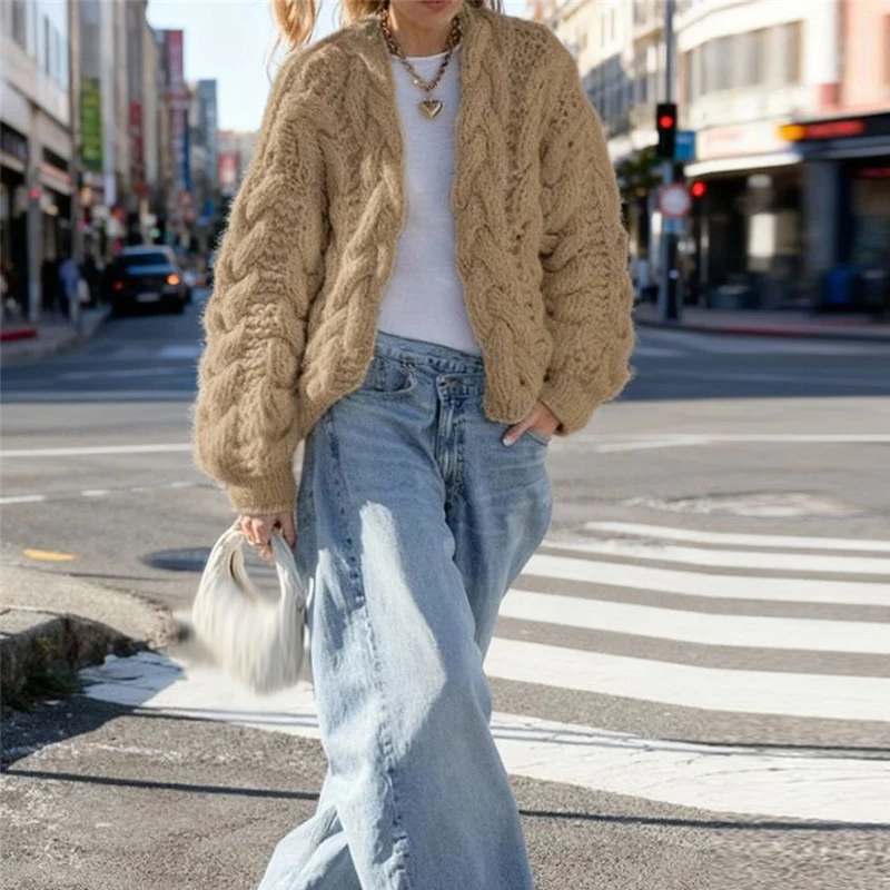 Autumn Winter New Long Sleeve Commute Outerwear Women Casual Solid Color Outwears Fashion V-neck Thickness Knitted Sweater Coat