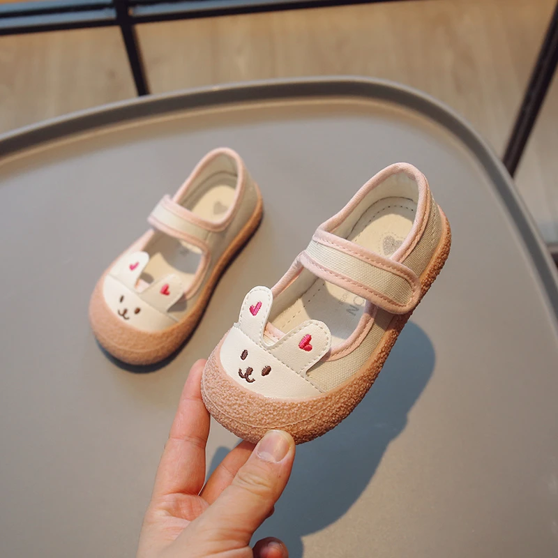 Korean Children Shoes Embroidery Kids Fashion Bunny Ear Canvas Shoes 2023 Spring and Summer New Casual Hook & Loop Shallow Flats