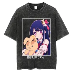 Men Streetwear Vintage Washed Tshirt Anime Oshi No Ko Print Cute T-Shirt Hip Hop Summer Harajuku 100% Cotton Black Tops Tees