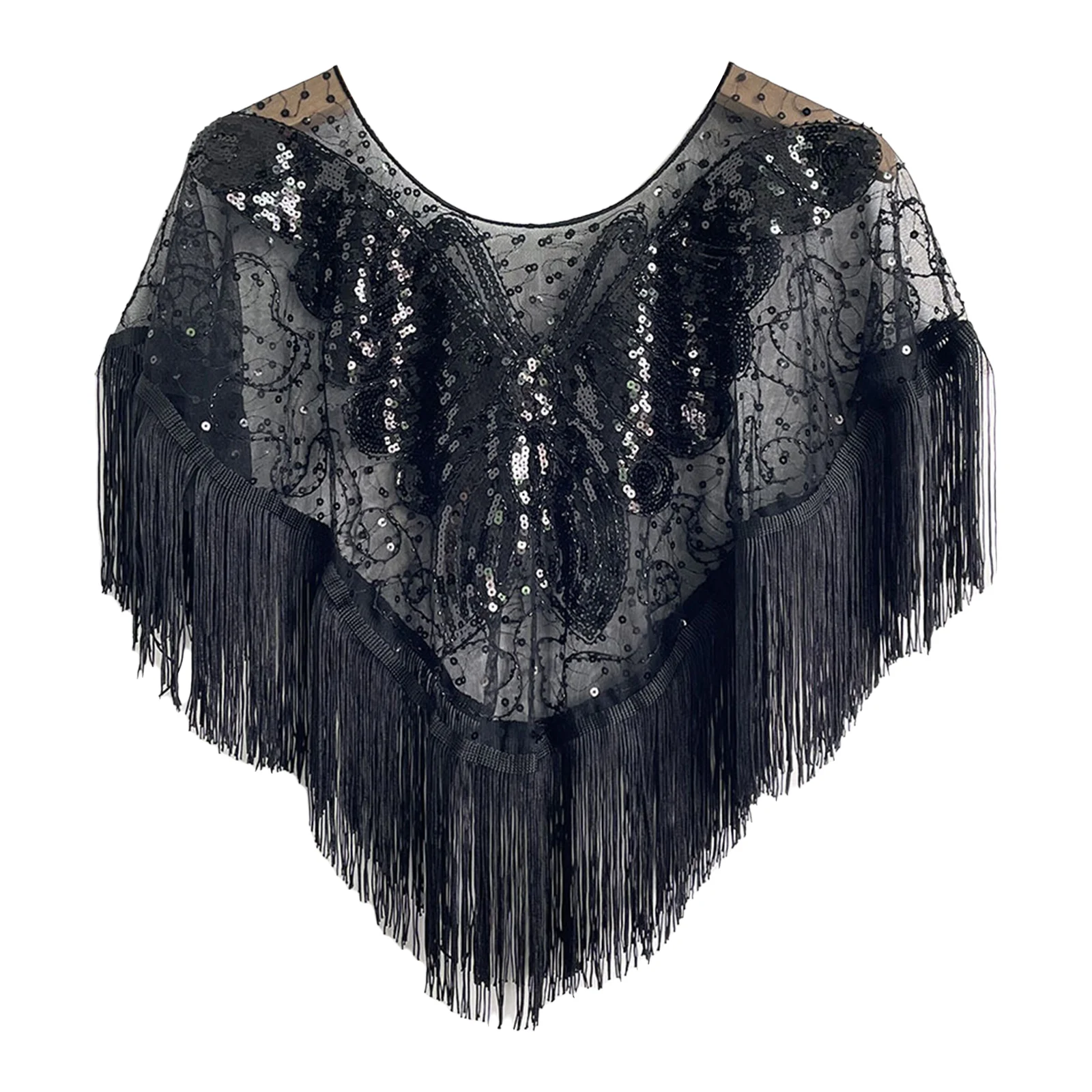 

Womens 1920s Vintage Mesh Shawls Wraps Sequined Butterfly Tassel Trim Round Neck Pullover Bolero Cape for Cocktail Flapper Party