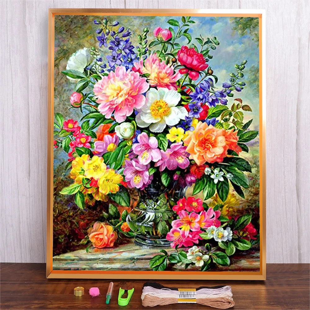 

DIY Printed Canvas Kits Full Embroidery Cross Stitch Kits Flower Basket Embroidery Needlework Color DMC Cotton Thread Set