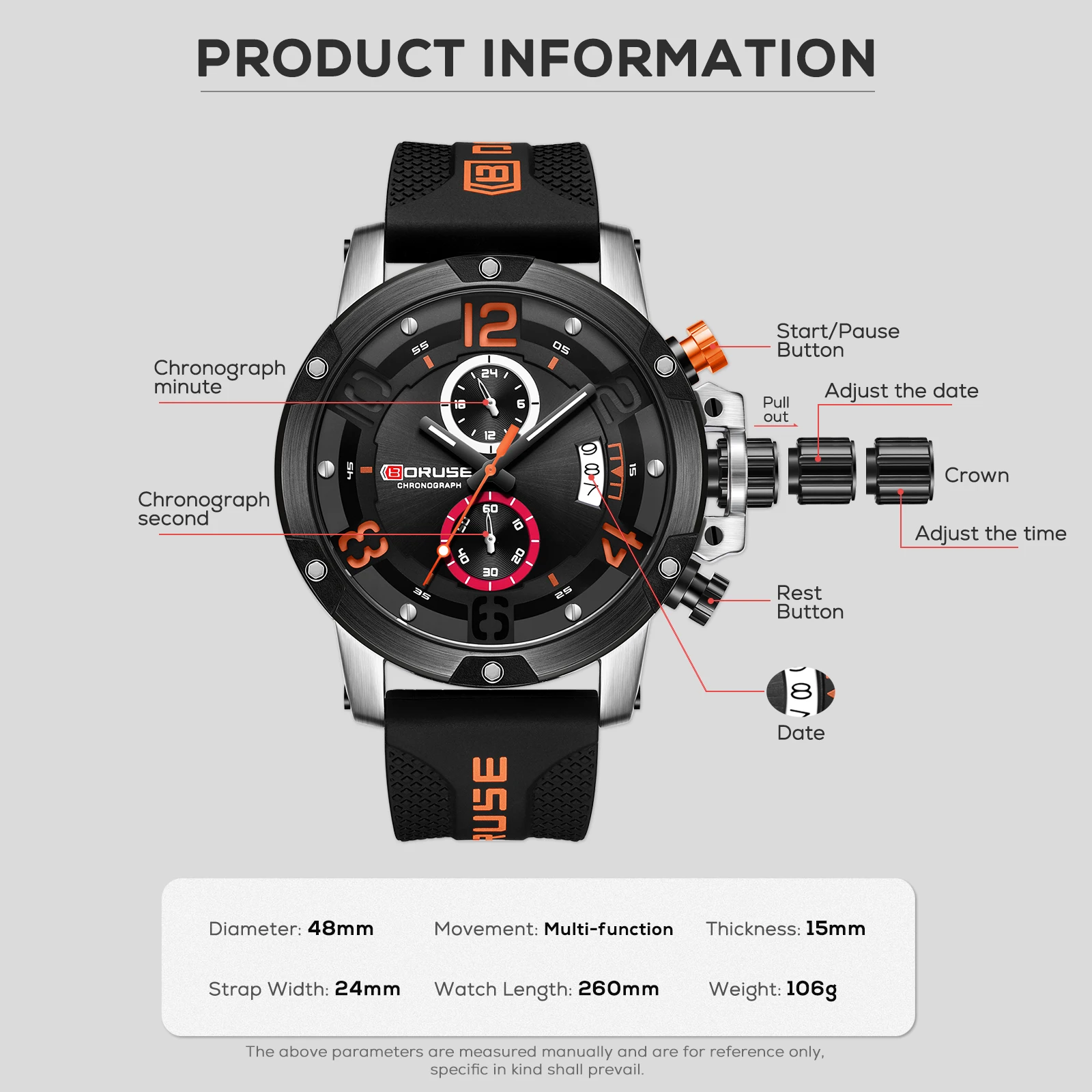 BORUSE Design-Reloj de pulsera de cuarzo para hombre, cronógrafo de lujo, automático, luminoso, resistente al agua