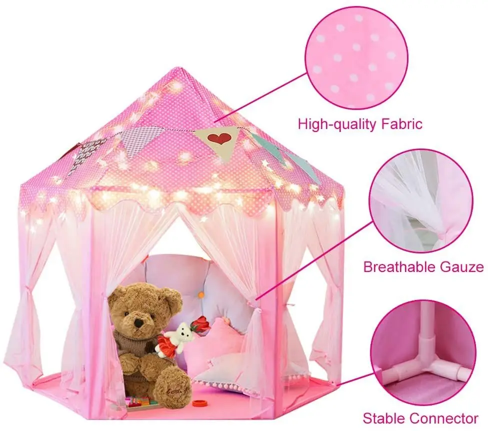 Tenda da castello principessa pieghevole portatile per interni ed esterni Tenda da gioco per bambini divertente per bambini Casa delle fate Tenda da gioco per bambini (luci stellari a LED calde)