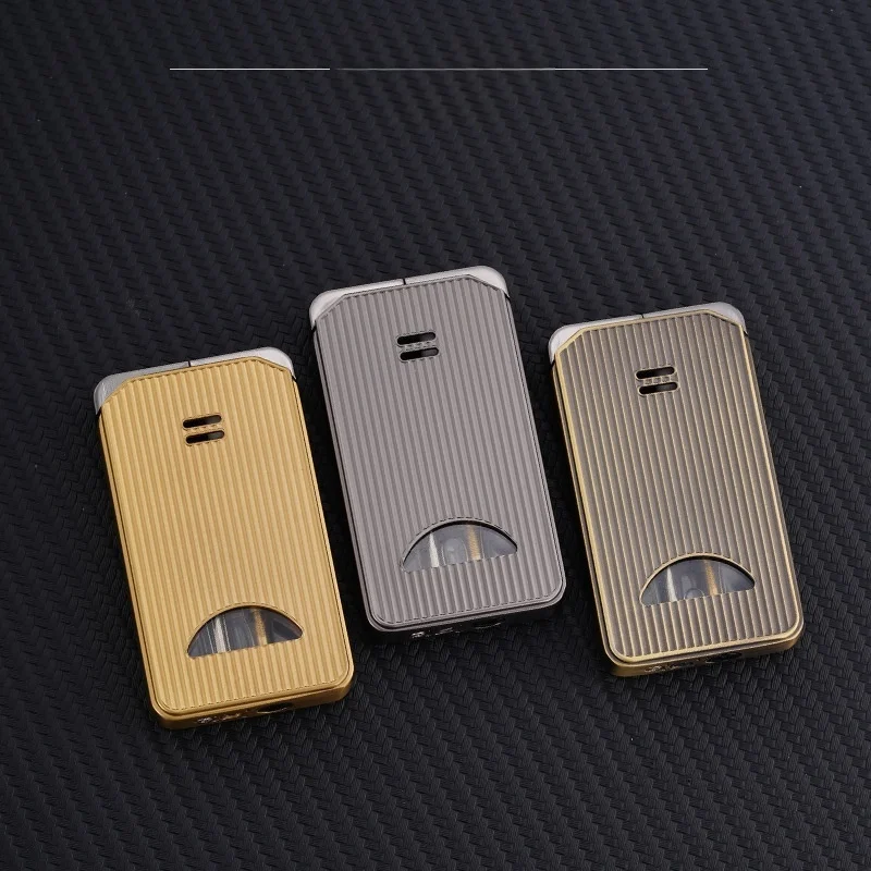 Dual‑mode Inflatable Lighter, Golden Grooved Metallic Shell, Visible Fuel Window, Windproof & Open‑flame Switchable,
