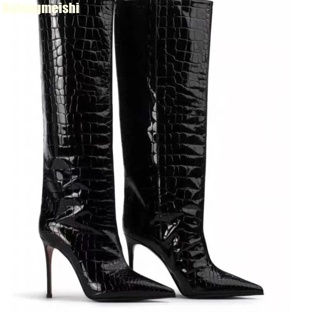 2026 Autumn Winter New Shiny Leather Knee-High Boots Crocodile Pattern Pointed Thin High Heels Suede Large Tube High Boots