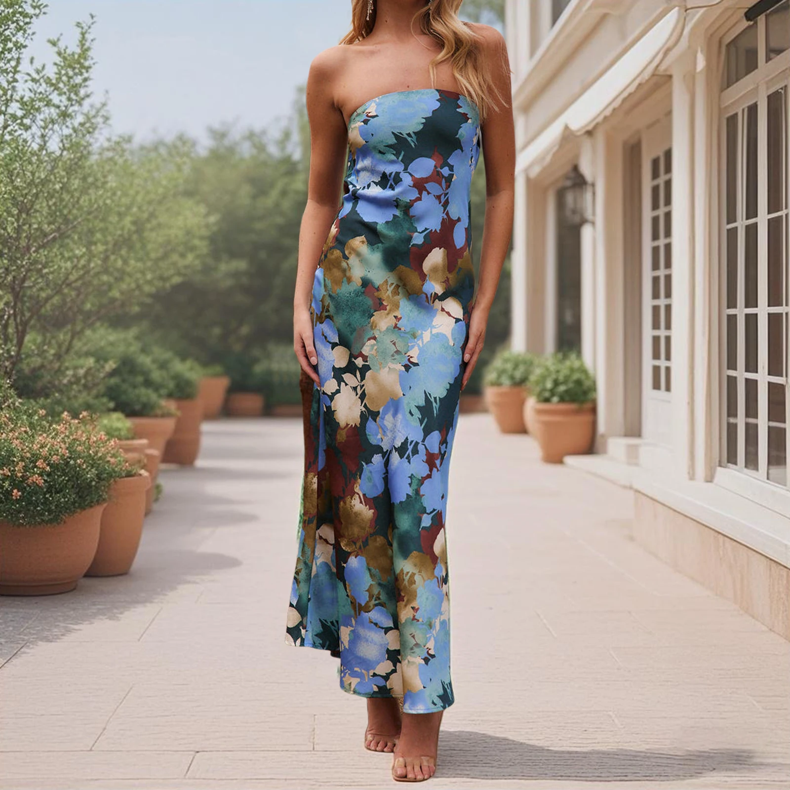 فستان نسائي بدون حمالات صيفي كاجوال بطبعة زهور فستان طويل بدون ظهر لحفلات الكوكتيل والشاطئ ملابس الشارع