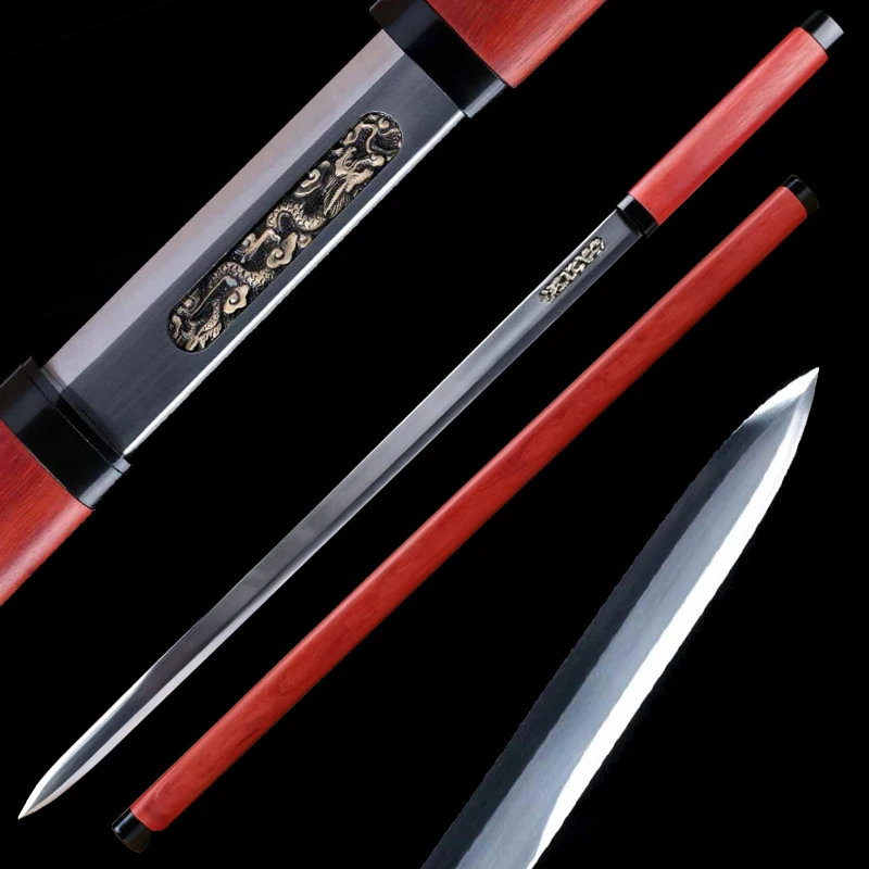 Art Chinese Sword,Shirasaya Redwood Sheath Manganese Steel , Non-Sharp for Wushu Props Brass Fitting