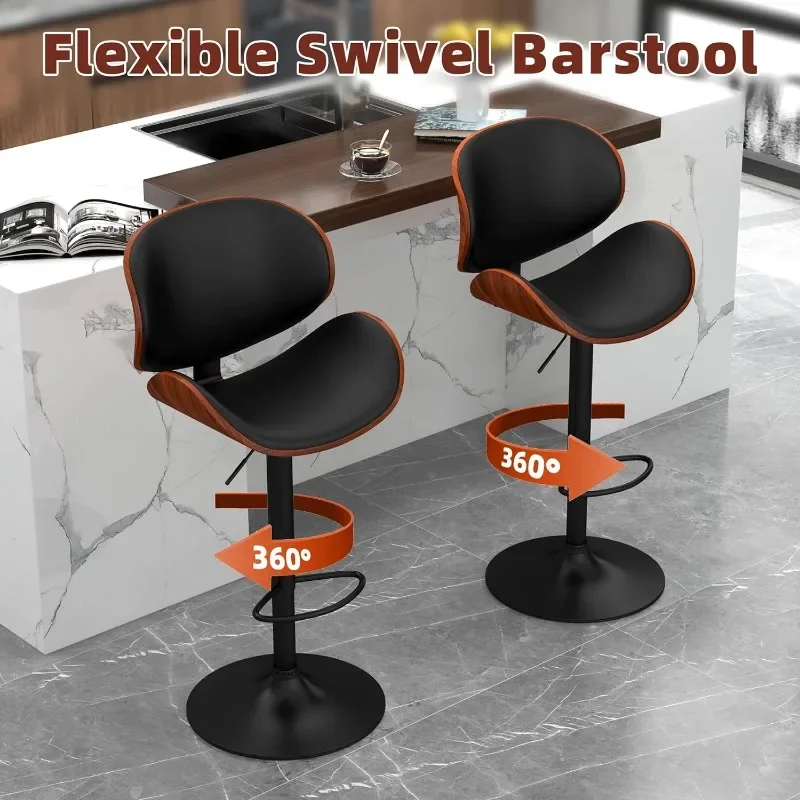 Adjustable Bar Stools Set of 4, Counter Height Swivel Barstools with Bentwood Seat and Back, Modern Upholstered Bar Chairs