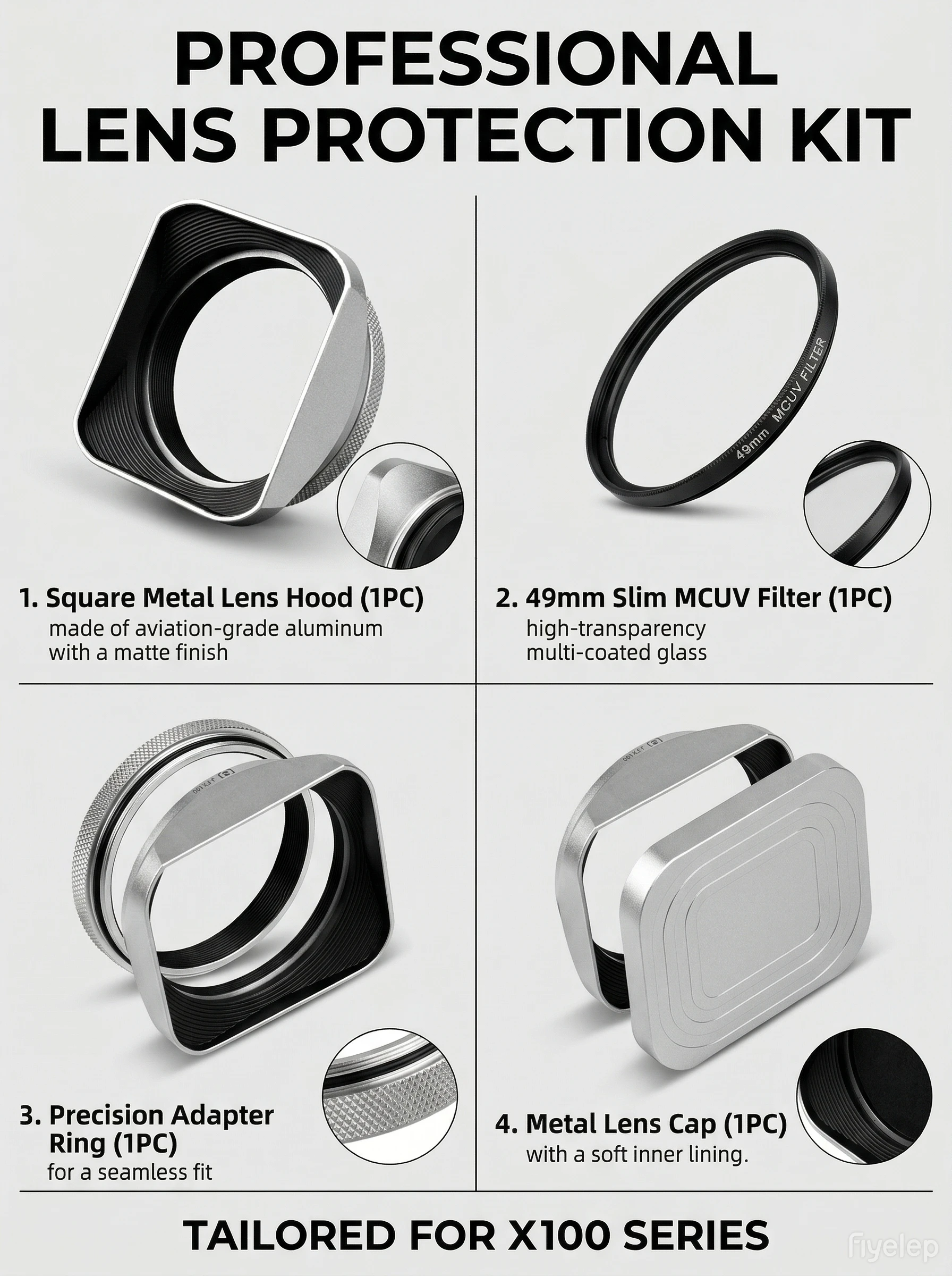 Quadratische Gegenlichtblende aus Metall für 49-mm-MC-UV-Filter-Kit für Fujifilm X100 Serie X100V X100F X100T X100S X100 X100VI Kamerazubehör – Detail 3