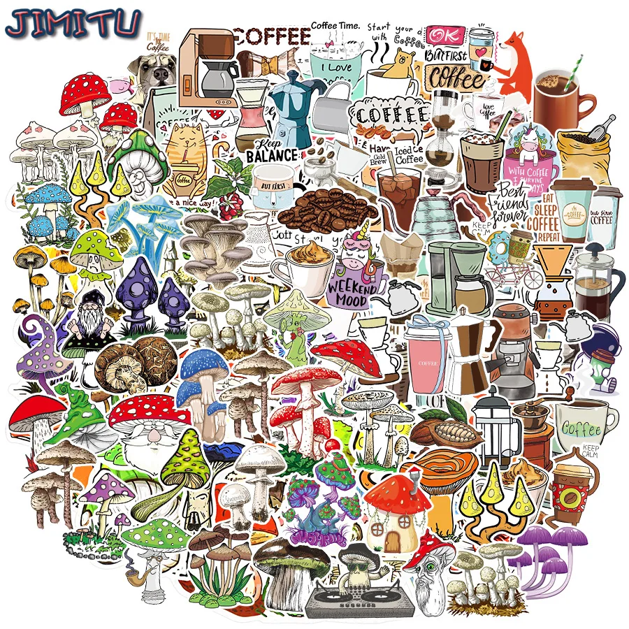 

100 Cartoon Mushroom Cute Coffee Waterproof Stickers for Children's Toys DIY Laptop Tablet Computer Carrying Case Bicycle Fridge