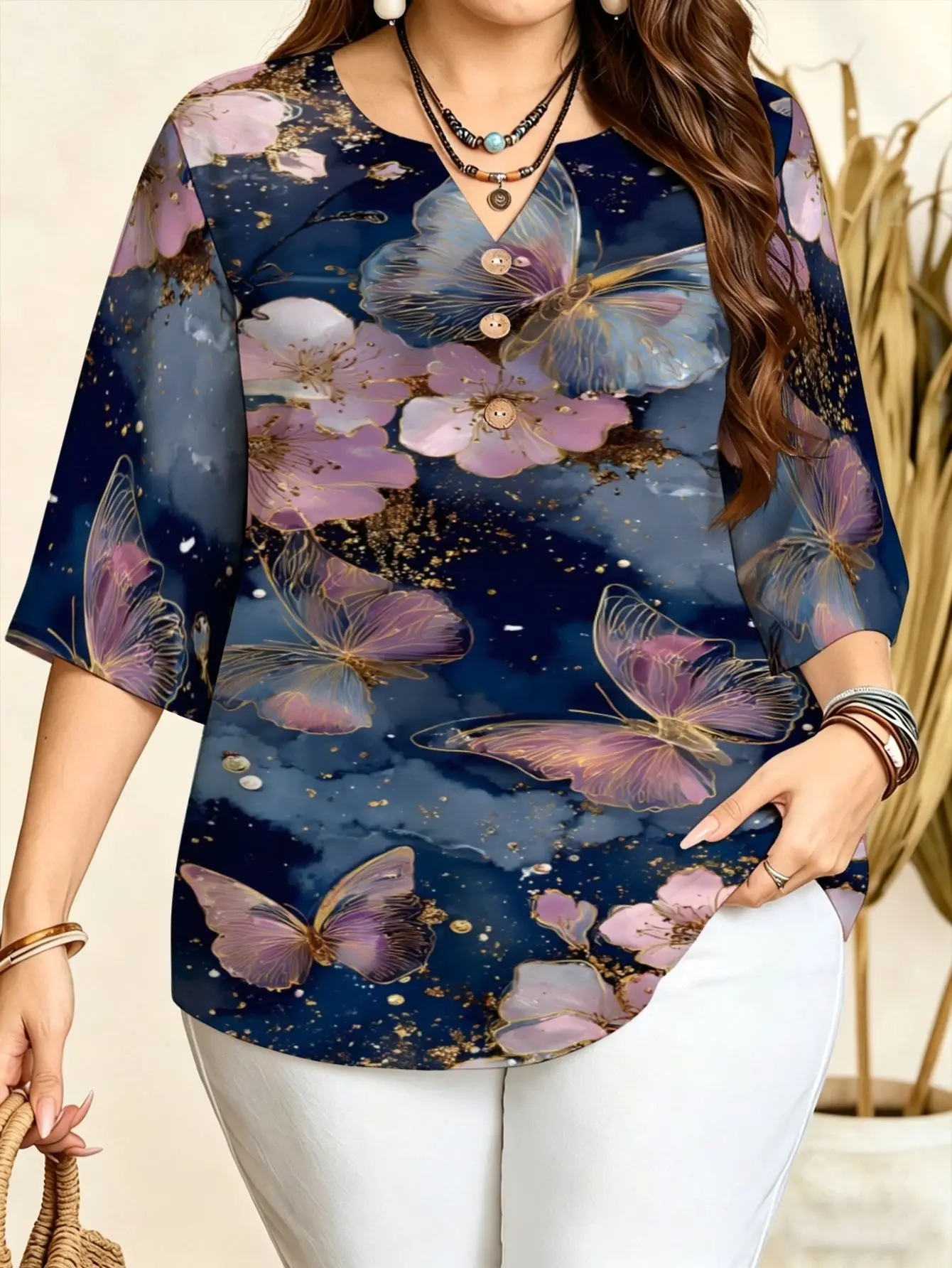 Butterfly Floral Lady Portrait Print Plus Size Blouses Notch V Neck 3/4 Sleeve Soft Loose Curvy Women