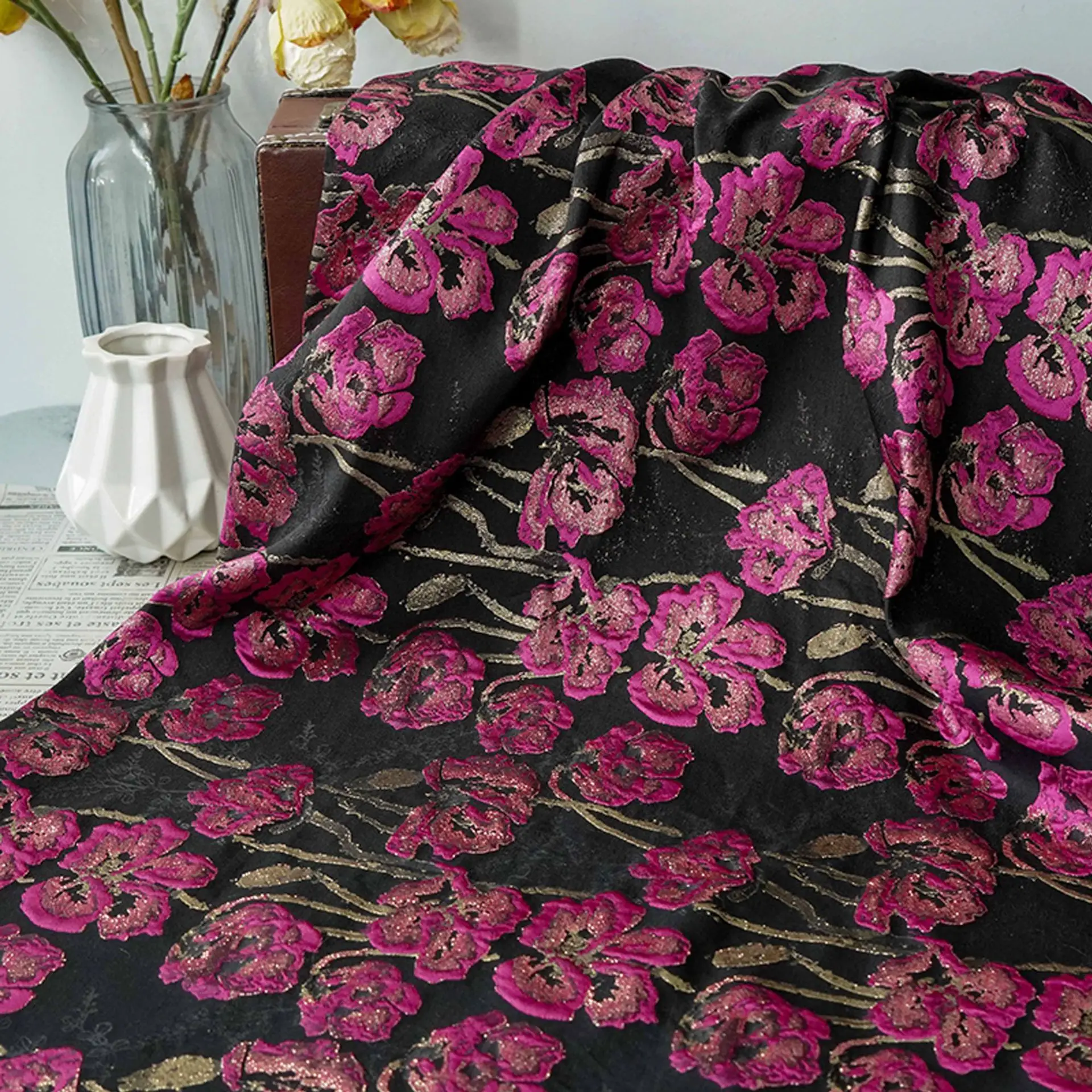 

Black Background Relief Flower Gold Silk Jacquard Fabric Elegant Dress Suit Pillow Cover Decorative Sewing Fabric