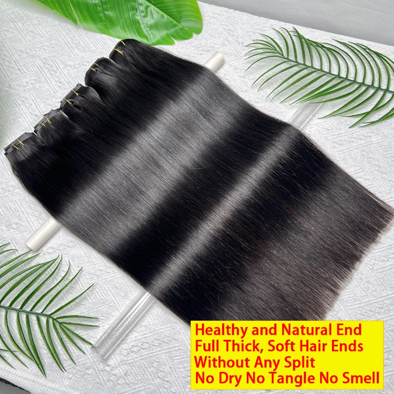 Invisible Seamless Clip Ins Bone Straight Human Hair Unprocessed Raw Hair PU Weft Extensions Full Head 7Pcs/Set Clip on Hair