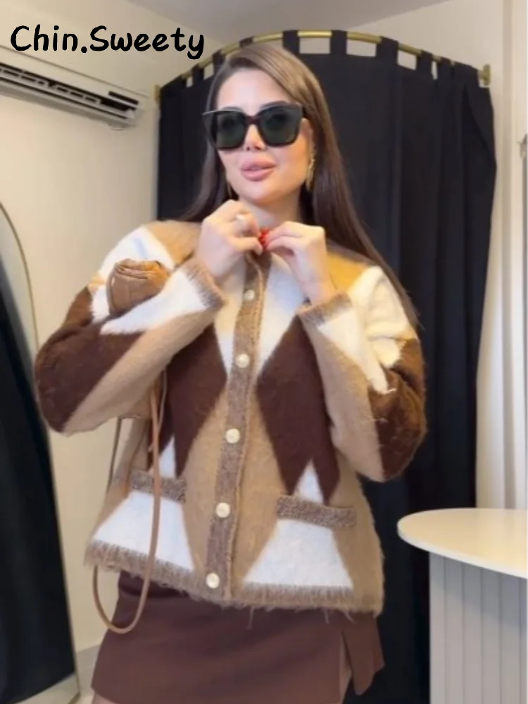 

Шикарные женские вязаные клетчатые кардиганы, свободные однобортные плюшевые свитера с круглым вырезом и длинными рукавами, осень-зима 202, женский трикотаж, новинка