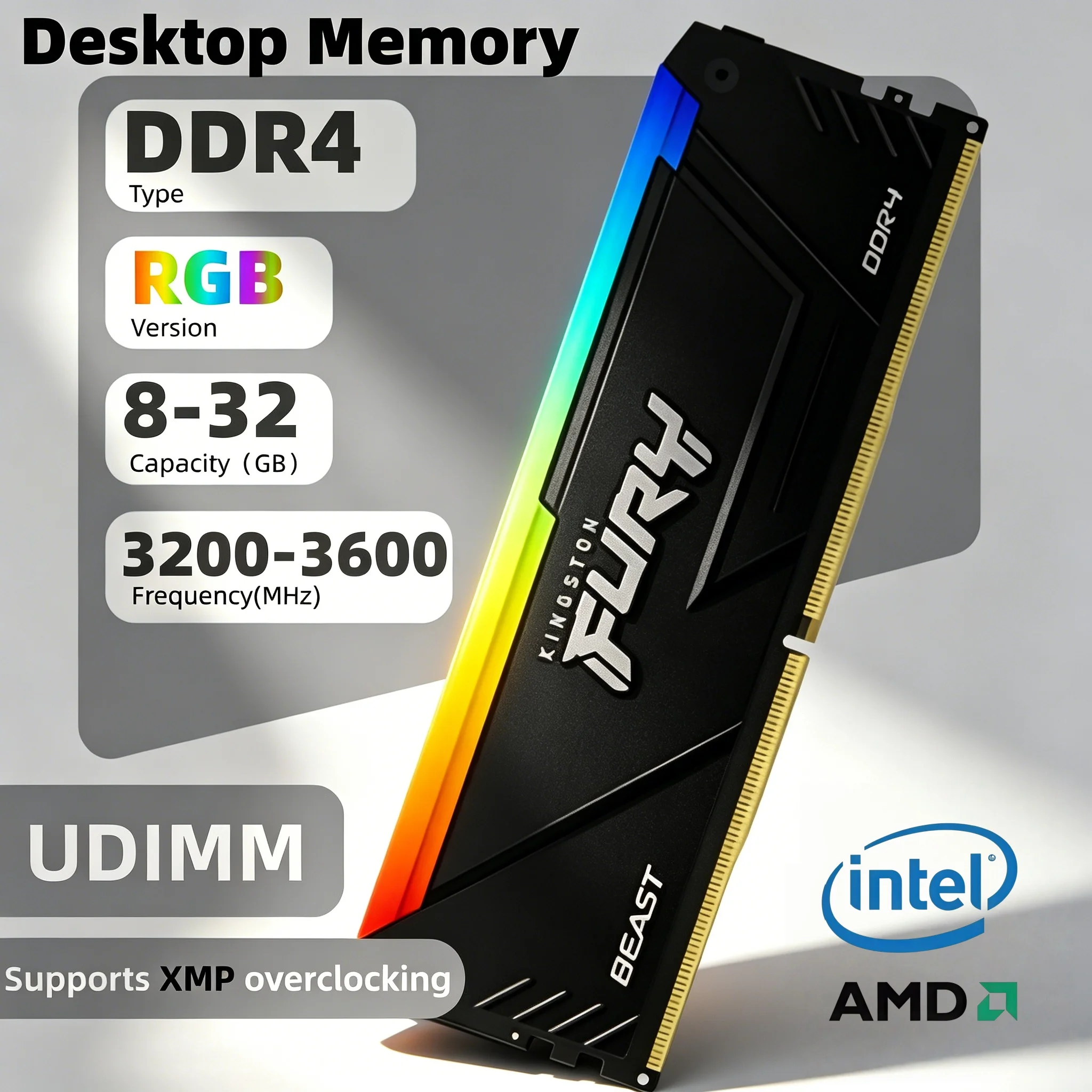Kingston Fury Beast DDR4 RGB  Lighting RAM 8GB/16GB/32GB 3200MT/s 3600MT/s  Computer Memory Intel XMP Certified and XMP-Ready