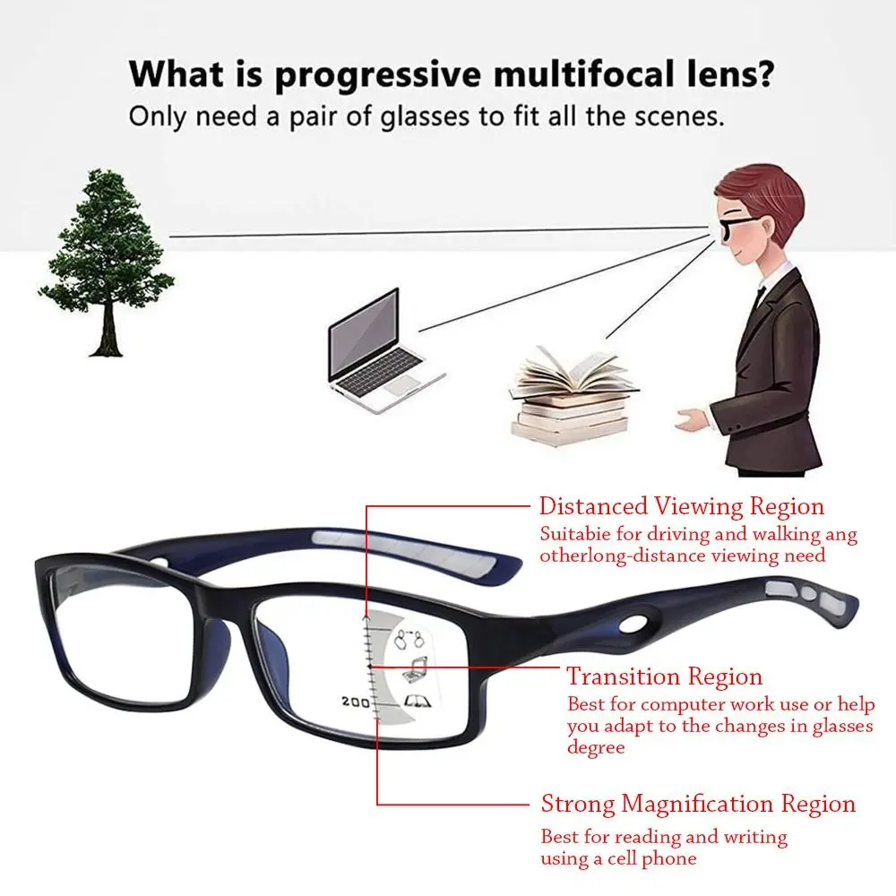 New Progressive Multifocal Anti-Blue Light Reading Glasses Women Men Progressive Near Far Square Eyeglasses Ultralight Eyewear