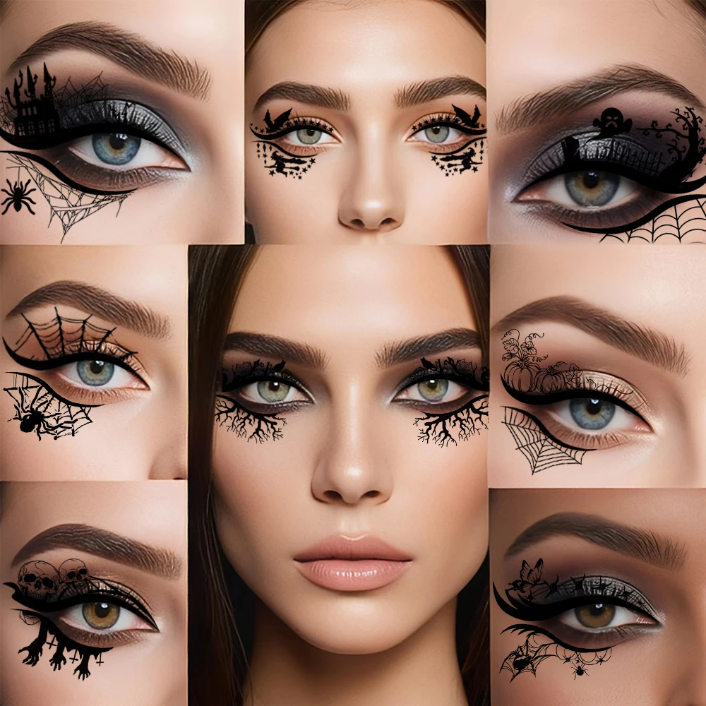 Autocollants de maquillage pour les yeux d'Halloween, Kit de remplacement de fard à paupières imperméable et amovible, fournitures de fête d'Halloween, Spide citrouille 12 pièces