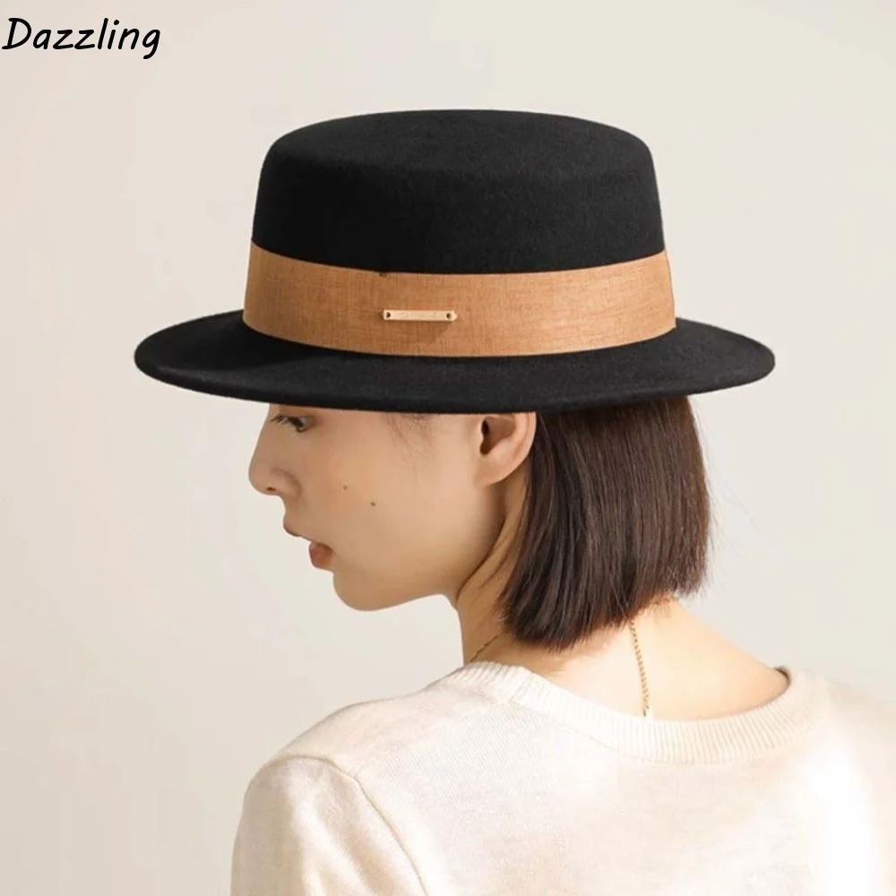 Live Show Vintage Looking Woolen Jazz Cap Flat Versatile British Top Hat Warmer Solid Color Woolen Formal Hat Lady