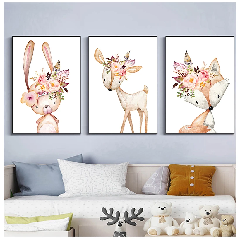 Flower Rabbit Canvas Painting Woodland Animals Poster Nordic Fox Deer Picture Baby Room Wall Art Canvas Pictures Nursery Prints