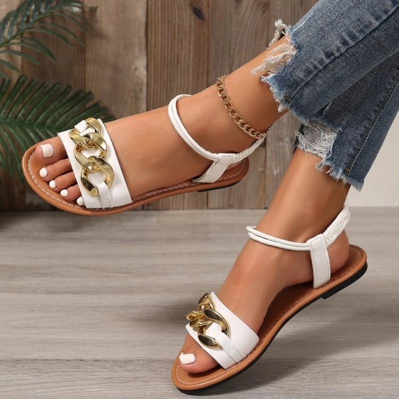Women Gold Chain Decor Flat Sandals Elastic Ankle Strap Open Toe PU Leather Summer Casual Beach Daily Walking Footwear