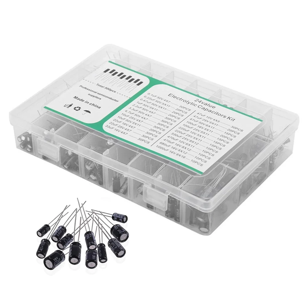 500pcs Electrolytic Capacitors 0.1uF-1000uF Mix Electrolytic Capacitor Assorted For Electronic Repairs Accessories