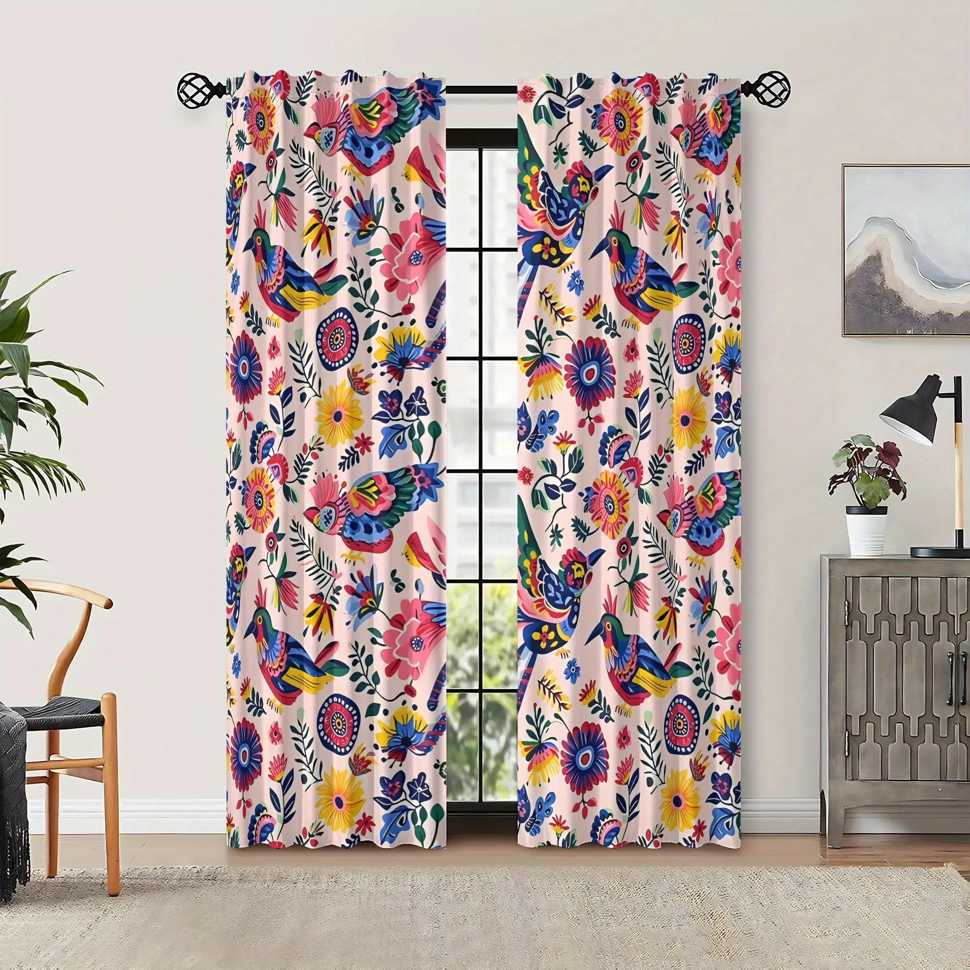 Multi-Color Floral Bird Pattern Curtains Boho Style Window Curtains for Living Room Bedroom Home Decor Decoration Set