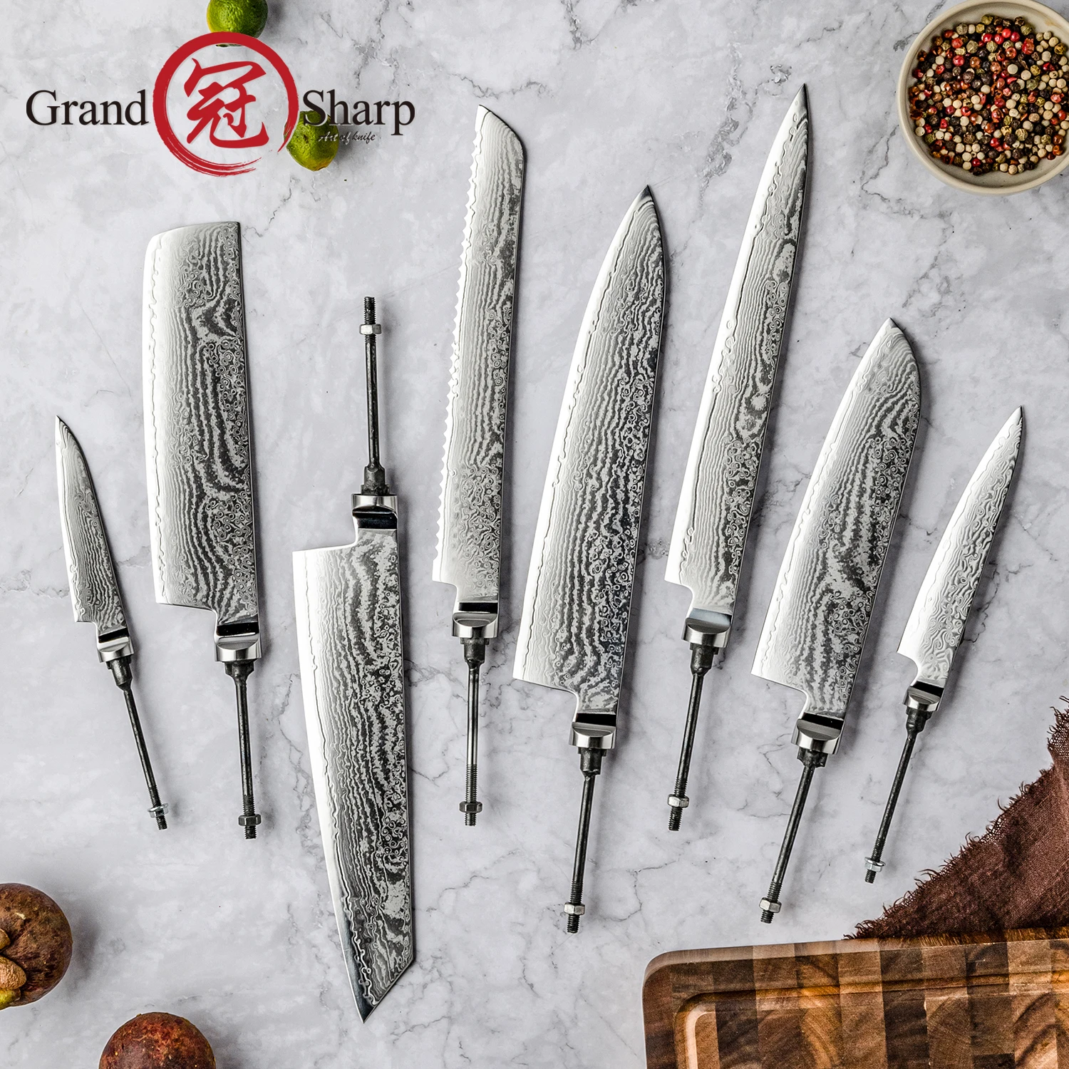 

Grandsharp 1-9 шт. 67 слоев S35VN порошок дамасская сталь кухонный нож лезвие без ручки высококачественные профессиональные ножи шеф-повара