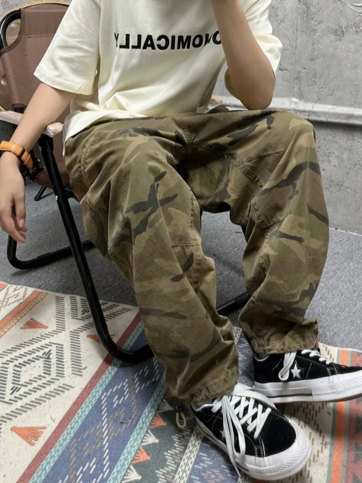 

Брюки свободного кроя с эффектом восковой окраски, камуфляжные, для активного отдыха, повседневные, для мужчин и женщин, летние, молодежные, прямого кроя