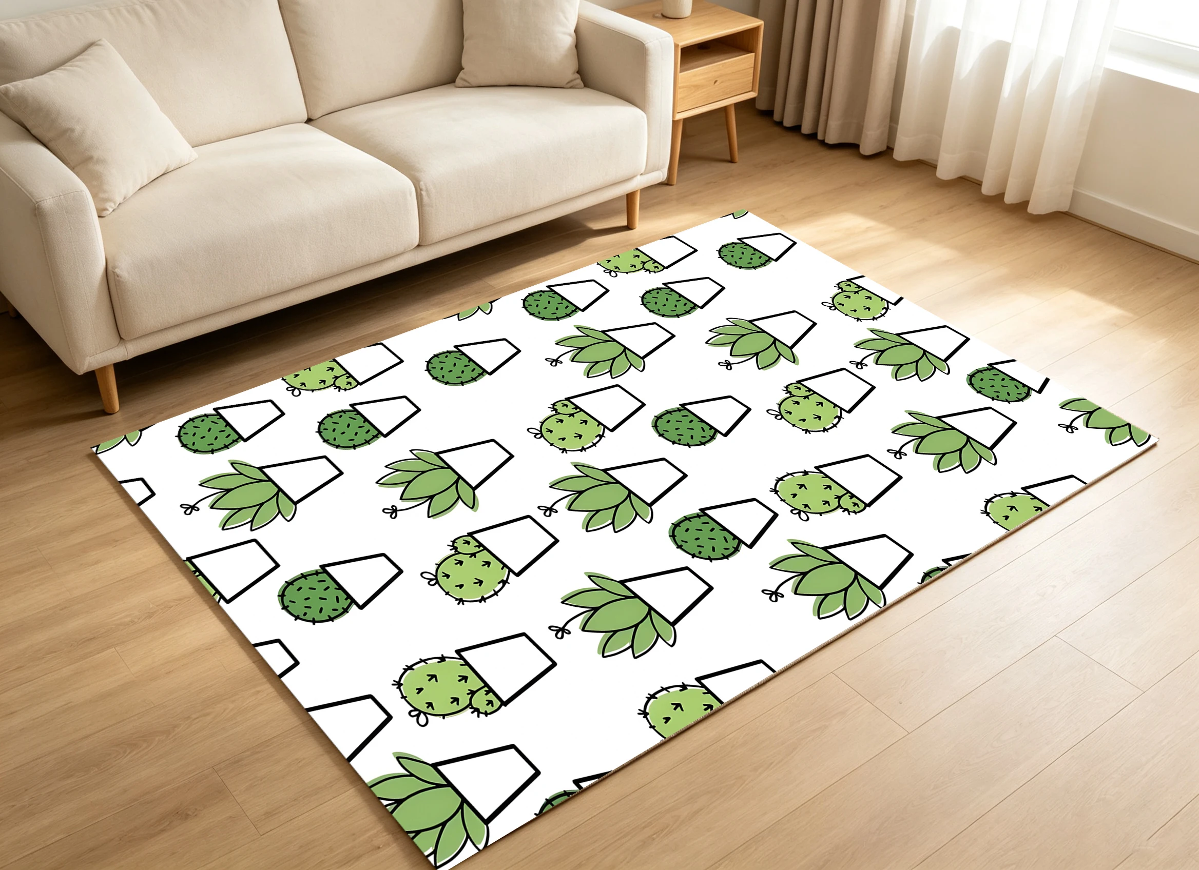 2D Large Carpet Simple Succulent Cactus Pot Fresh Style for Living Room Bedroom