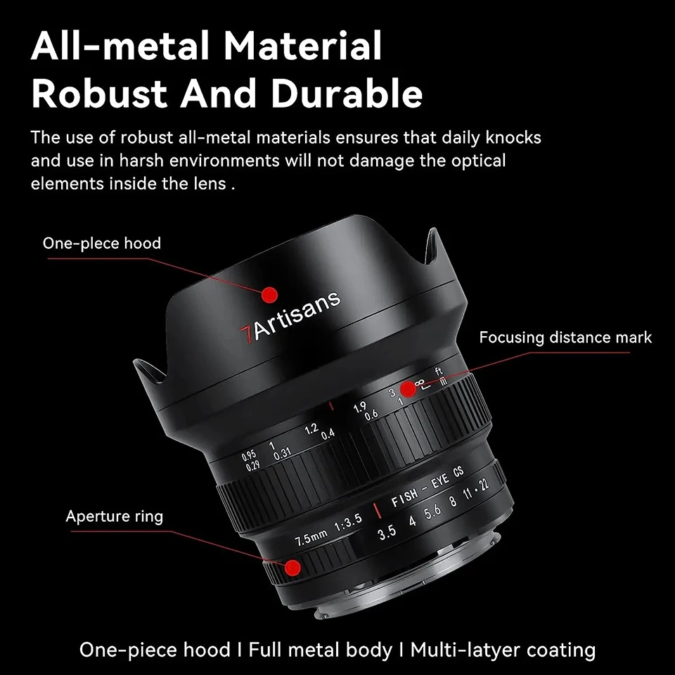 7artisans APS-C 7.5mm F3.5 Fisheye Lens for DSLR Camera Ideal Photography with Canon EF Nikon F Mount D7500 EOS 80D 77D 850D