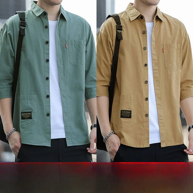 

Ice Silk Seven Sleeve Shirt Men's Summer Workwear Loose Casual Short Sleeve Fashionable All-Match City Walk Wear Resistant Su...