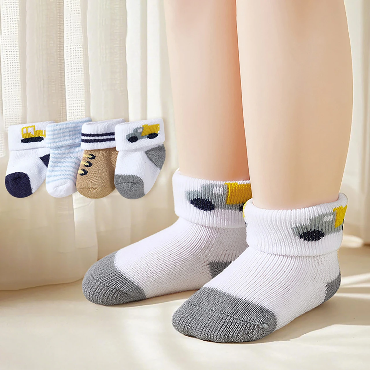 

4Pairs Baby Cotton Socks Autumn Winter Warm Infant Middle Tube Sock 0-1Year Boy Girl Newborn Footwear Thick Toddler Plush Socks