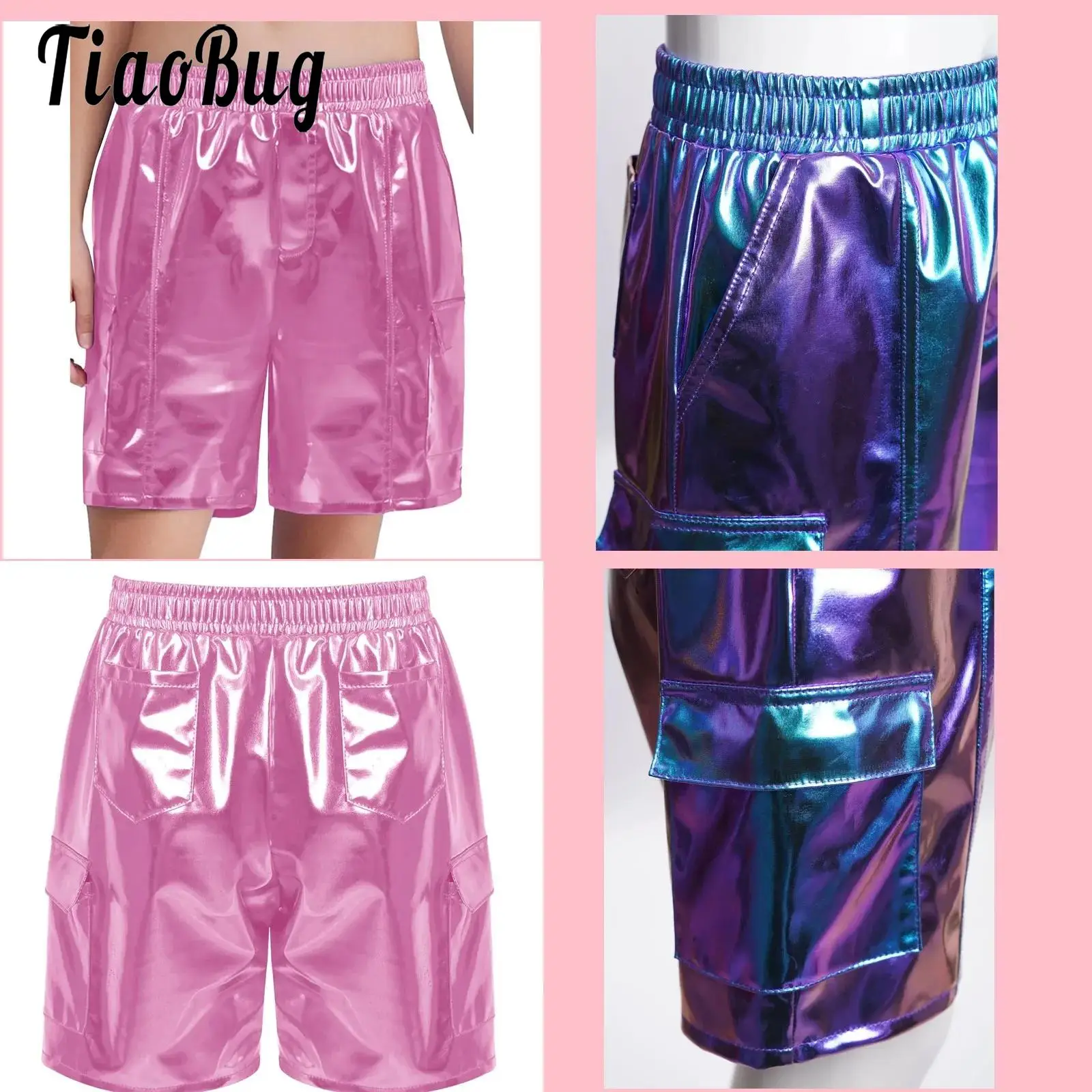 Boys Girls Jazz Modern Dance Shorts Stage Performance Costume Hip-Hop Dancewear Elastic Waistband Metallic Shiny Cargo Shorts