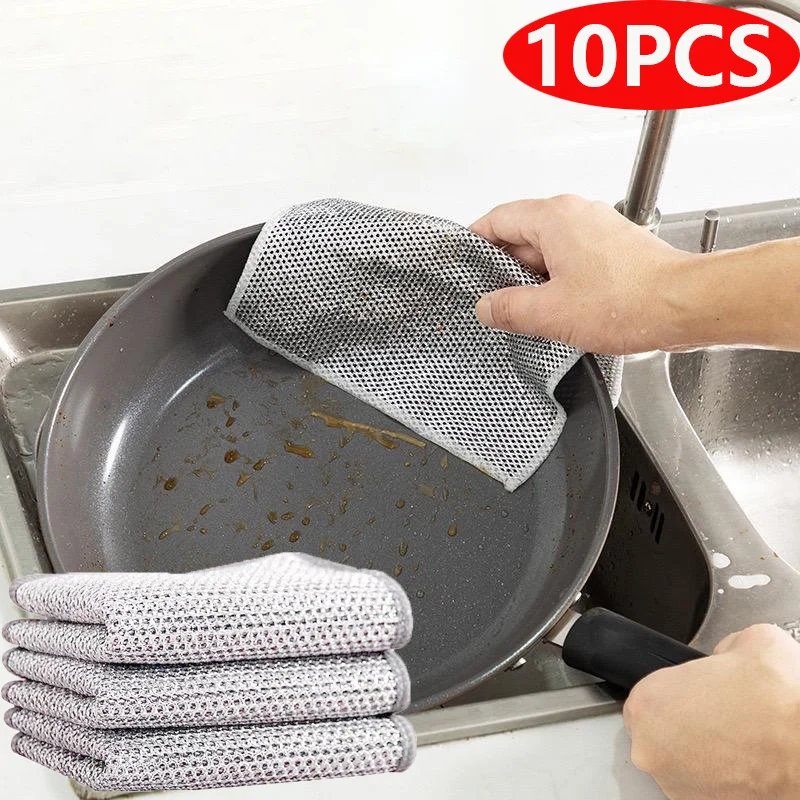 10pcs Magic Dishcloth Silver Wire Cleaning Kitchen Cloth Thickened Microfiber Wash Towel Built-in Sponge Steel Wire Ball Rag