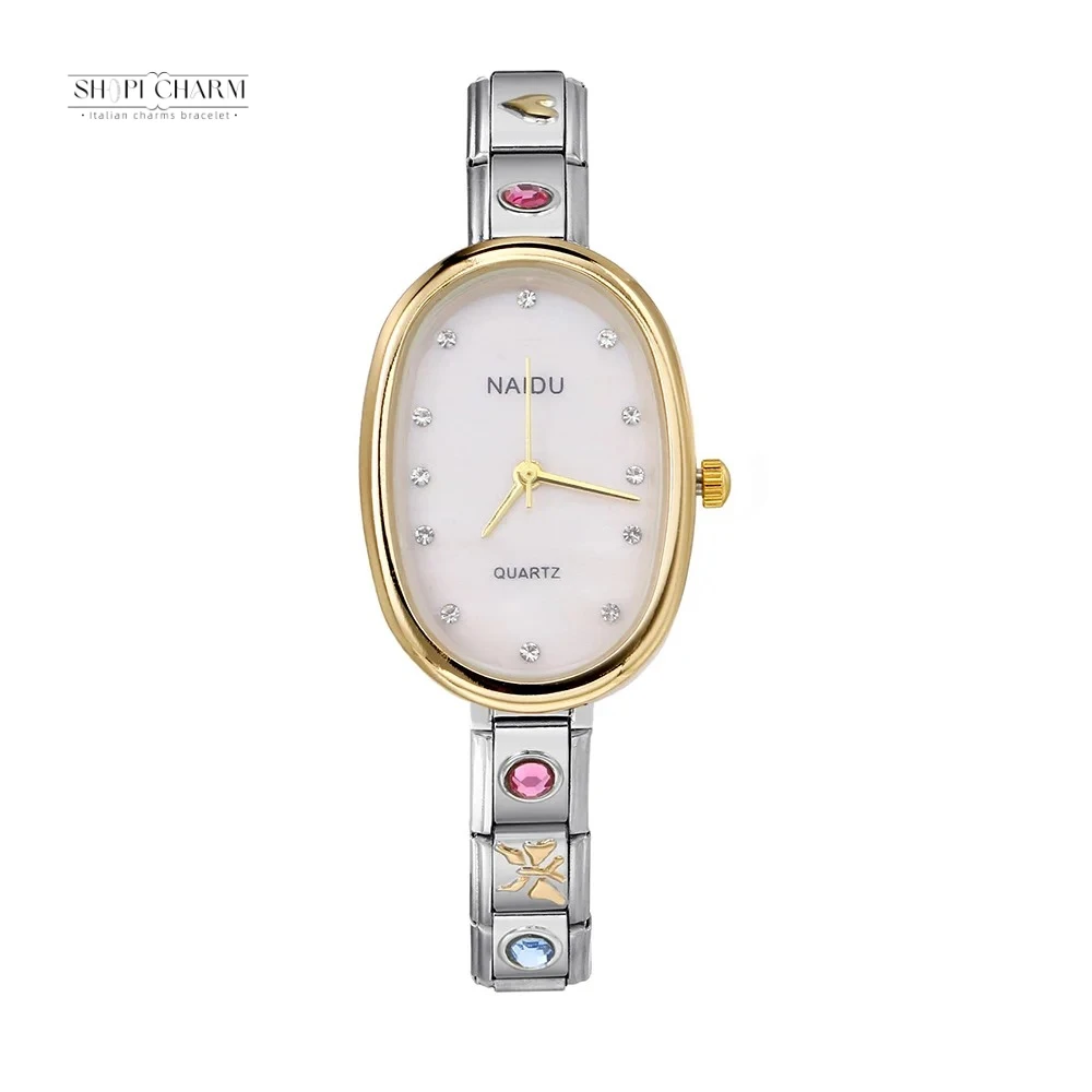 Shopi Fashion Women Oval Light Luxury Quartz Ellipse Wrist Watch Italian Charm Bracelet Stainless Steel Wholesale Drop Shipping