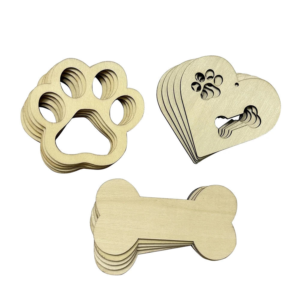 5Pcs New Hollow Dog Paw Dog Bone Shape Unfinished Wooden Crafts Scrapbook DIY Painting Gift Tags Home Decoration Party Supplies