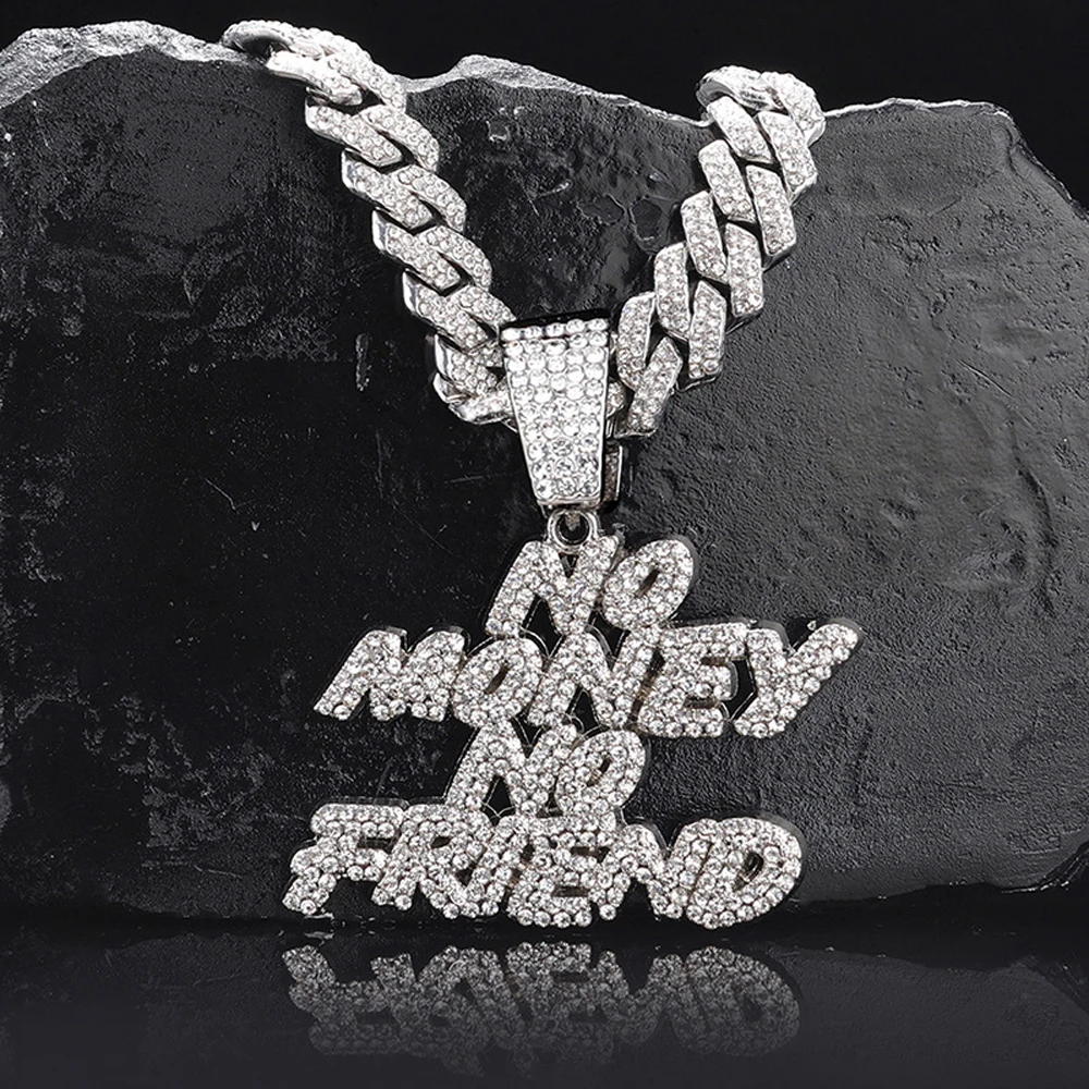 Men Women Hip Hop NO Money No Friend Pendant Necklace with 14mm Cuban Chain HipHop Iced Out Bling Necklaces Fashion Jewelry Gift